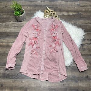 Soft Surroundings Button Down Floral Embroidery Long Sleeve Tunic
